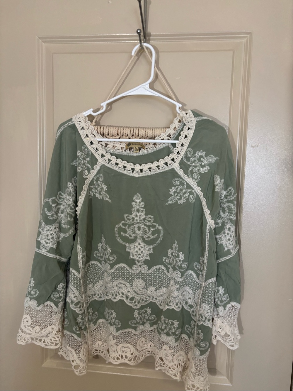 Democracy Sage Green Embroidered Peasant Blouse with Crochet Trim - Picture 3 of 3